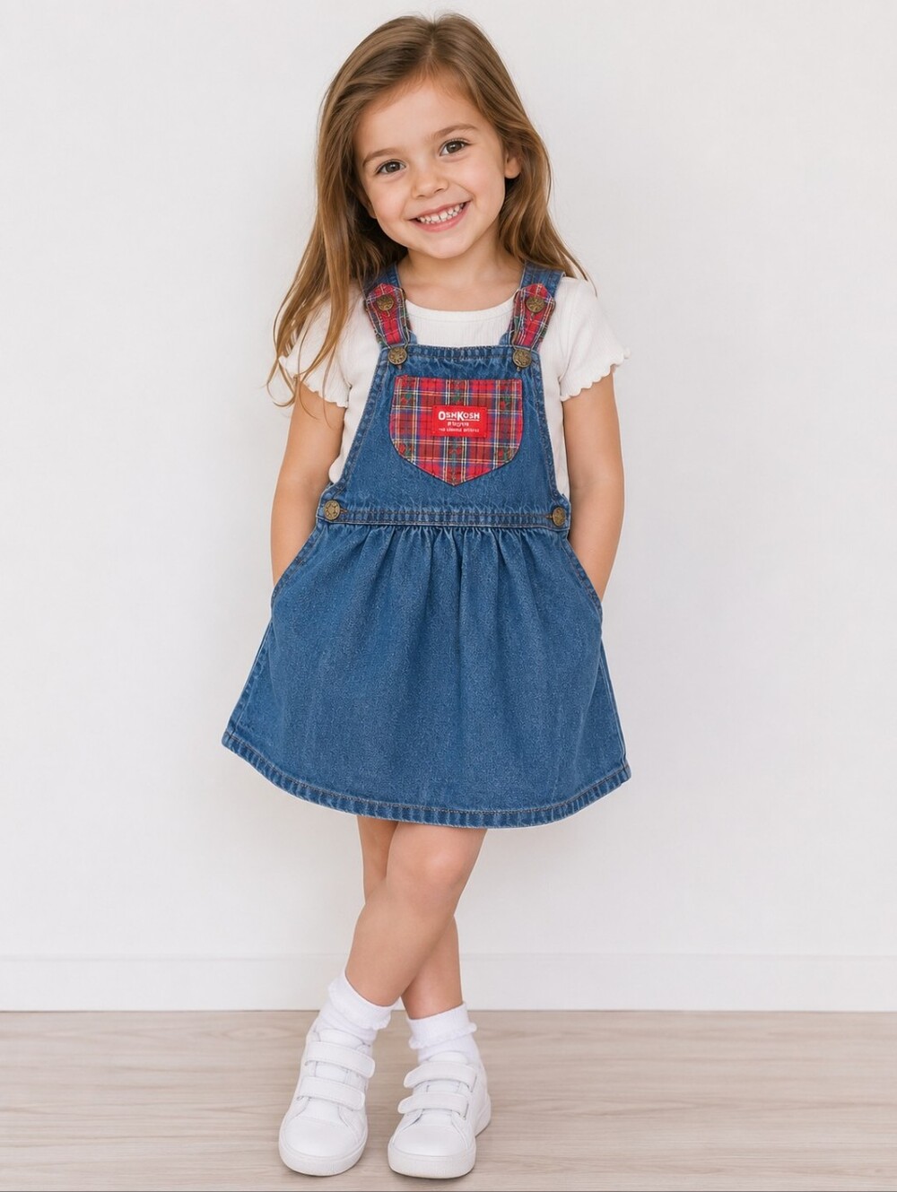 VTG Oshkosh Denim Jumper Overall Dress Plaid Sz 4 USA